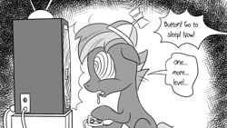 Size: 1200x675 | Tagged: safe, artist:pony-berserker, button mash, earth pony, pony, pony-berserker's twitter sketches, g4, colt, halftone, hat, hatching (technique), hypnosis, hypnotized, implied cream heart, male, monochrome, offscreen character, propeller hat, swirly eyes, tetris, that pony sure does love computer games, this will end in grounding, video game