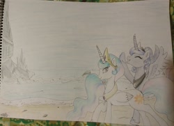 Size: 3650x2639 | Tagged: safe, princess celestia, princess luna, alicorn, pony, g4, alternate hairstyle, beach, colored pencil drawing, crown, eyes closed, hair bun, hairpin, happy, high res, holiday, jewelry, mount aris, open mouth, ponytail, regalia, smiling, spread wings, summer, traditional art, vacation, wings