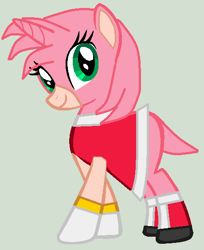 Size: 460x564 | Tagged: safe, artist:twidashfan1234, pony, unicorn, amy rose, cursed image, gray background, ponified, simple background, sonic the hedgehog (series), speech bubble
