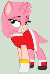 Size: 1736x2568 | Tagged: safe, artist:twidashfan1234, pony, unicorn, amy rose, cursed image, gray background, ponified, simple background, sonic the hedgehog (series), species swap