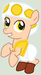 Size: 166x306 | Tagged: safe, artist:shorthilt-adopts, artist:twidashfan1234, earth pony, pony, toad, base used, colt, crossover, hat, male, mushroom hat, ponified, super mario bros., toad (mario bros), yellow, yellow toad