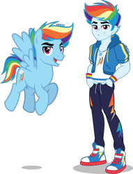 Size: 3056x4000 | Tagged: safe, artist:orin331, rainbow dash, human, pegasus, pony, equestria girls, equestria girls series, g4, alternate hairstyle, bandaid, clothes, converse, cute, cutie mark, equestria guys, flying, geode of super speed, handsome, high res, hoodie, human ponidox, jacket, magical geodes, male, open mouth, pants, rainbow blitz, rule 63, self paradox, self ponidox, shirt, shoes, simple background, sneakers, stallion, sweatpants, t-shirt, transparent background