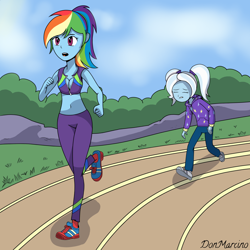 Size: 3000x3000 | Tagged: safe, artist:donmarcino, rainbow dash, trixie, equestria girls, alternate clothes, alternate hairstyle, babysitter trixie, belly button, breasts, buckball fan gear rainbow dash, cleavage, clothes, exhausted, female, gameloft, gameloft interpretation, grass, hoodie, jacket, midriff, open clothes, open mouth, open shirt, pants, pigtails, ponytail, race track, running, shoes, shorts, sky, sleeveless, sneakers, socks, sports bra, sports shoes, sports shorts, stars, sweatpants, tracksuit, twintails, zipper