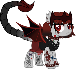 Size: 4002x3633 | Tagged: safe, alternate version, artist:sparklysapphire, oc, oc only, oc:danger doodle, bat pony, hybrid, original species, pony, scorpion, scorpion pony, bat pony oc, bat wings, choker, clothes, crown, ear piercing, earring, fangs, female, jacket, jewelry, leather jacket, mare, markings, piercing, punk, red and black oc, red eyes, red mane, regalia, scorpion tail, shorts, simple background, sleeveless, slit pupils, solo, spiked choker, spiked wristband, tattoo, transparent background, wings, wristband