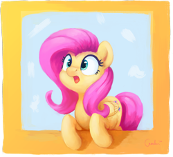 Size: 2911x2659 | Tagged: safe, artist:aemuhn, fluttershy, pegasus, pony, g4, cute, female, folded wings, frame, high res, mare, open mouth, shyabetes, solo, surprised, three quarter view, wide eyes, wings