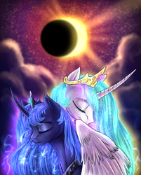 Size: 2408x3000 | Tagged: safe, artist:not-ordinary-pony, derpibooru exclusive, princess celestia, princess luna, alicorn, pony, curved horn, duo, eclipse, eyes closed, horn, redraw, royal sisters, sisters