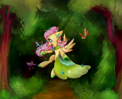 Size: 2980x2415 | Tagged: safe, artist:pozya1007, fluttershy, bird, pegasus, pony, g4, amazed, clothes, crepuscular rays, dress, female, floppy ears, flower, flower in hair, flying, forest, gala dress, high res, looking at someone, mare, open mouth, outdoors, path, profile, smiling, solo, spread wings, tree, wings