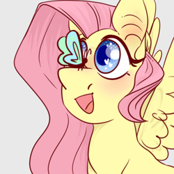 Size: 500x500 | Tagged: safe, artist:rumlion, fluttershy, butterfly, pegasus, pony, g4, bust, butterfly on nose, female, heart eyes, insect on nose, looking at something, mare, open mouth, portrait, simple background, smiling, solo, spread wings, three quarter view, white background, wingding eyes, wings