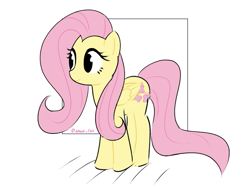 Size: 1139x863 | Tagged: safe, artist:shushinorei, fluttershy, pegasus, pony, g4, female, folded wings, frame, looking away, mare, simple background, smiling, solo, standing, three quarter view, white background, wings
