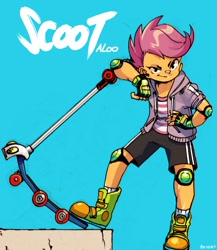 Size: 1164x1342 | Tagged: safe, artist:6798ty52, scootaloo, equestria girls, g4, >:), badass, clothes, digital art, elbow pads, female, hoodie, knee pads, mittens, scooter, shirt, shoes, shorts, smiling, sneakers, socks, solo, t-shirt