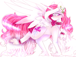 Size: 914x693 | Tagged: safe, artist:shinningblossom12, oc, oc only, alicorn, pony, alicorn oc, choker, ear piercing, hoof fluff, horn, one eye closed, piercing, raised hoof, simple background, solo, speedpaint available, white background, wings, wink
