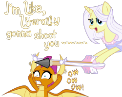 Size: 6969x5575 | Tagged: safe, artist:kmlp, derpibooru exclusive, lily lace, smolder, dragon, pony, unicorn, g4, absurd resolution, abuse, arrow, dragoness, duo, female, ouch, simple background, slingshot, smolderbuse, transparent background