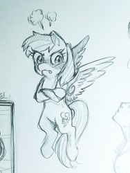 Size: 1536x2048 | Tagged: safe, artist:harvey_parrot, rainbow dash, pegasus, pony, g4, blushing, crossed arms, female, monochrome, pencil drawing, sketch, solo, traditional art