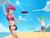 Size: 2558x1920 | Tagged: safe, alternate version, artist:thebrokencog, scootaloo, spike, human, g4, anime, beach, belly button, bikini, clothes, commission, female, frisbee, humanized, male, male nipples, midriff, nipples, sand, ship:scootaspike, shipping, shorts, straight, swimsuit, tankini, water