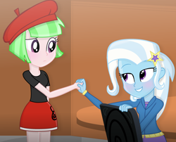 Size: 2894x2340 | Tagged: safe, artist:grapefruitface1, drama letter, trixie, watermelody, equestria girls, g4, base used, blushing, chair, clothes, dramatrix, female, hat, high res, holding hands, looking at each other, shipping, shipping fuel, show accurate, sitting, table
