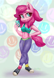Size: 3500x5000 | Tagged: safe, artist:irinamar, oc, oc only, oc:holivi, anthro, belly button, clothes, converse, female, midriff, pants, shoes, sneakers, solo, sports bra, sweatpants