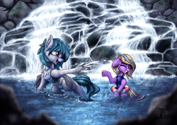 Size: 1654x1169 | Tagged: safe, artist:calena, oc, oc only, earth pony, pegasus, pony, clothes, cute, female, mother and child, mother and daughter, playing, rock, stone, swimsuit, water, waterfall