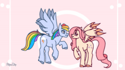 Size: 1920x1080 | Tagged: safe, artist:valkiria, derpibooru exclusive, fluttershy, rainbow dash, pegasus, pony, g4, :t, animated, blushing, boop, female, flying, heart, lesbian, looking at each other, love, noseboop, ship:flutterdash, shipping, shy, smiling
