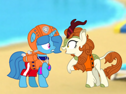 Size: 1440x1080 | Tagged: safe, artist:徐詩珮, autumn blaze, spring rain, kirin, pony, unicorn, series:sprglitemplight diary, series:sprglitemplight life jacket days, series:springshadowdrops diary, series:springshadowdrops life jacket days, g4, awwtumn blaze, base used, beach, clothes, cloven hooves, cute, duo, eyelashes, female, helmet, hooves to the chest, horn, leonine tail, lifeguard, lifeguard spring rain, lifejacket, mare, open mouth, outdoors, paw patrol, paw prints, raised hoof, smiling, springbetes