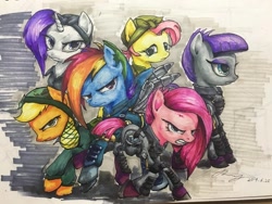 Size: 1000x750 | Tagged: safe, artist:musical ray, applejack, fluttershy, maud pie, pinkie pie, rainbow dash, rarity, earth pony, pegasus, pony, unicorn, g4, the cutie re-mark, alternate hairstyle, alternate timeline, apinkalypse pie, apocalypse dash, apocalypse fluttershy, apocalypse maud, applecalypsejack, crystal war timeline, marker drawing, pinkamena diane pie, rarity the riveter, torn ear, traditional art