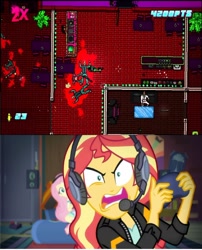 Size: 1280x1585 | Tagged: safe, artist:brandonale, fluttershy, sunset shimmer, equestria girls, g4, game stream, my little pony equestria girls: better together, exploitable meme, gamer sunset, hotline miami 2, meme