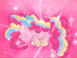 Size: 1136x857 | Tagged: safe, screencap, pinkie pie, pony, g4, twilight's kingdom, cropped, cute, diapinkes, eyes closed, female, floating, glowing, rainbow power, smiling, solo