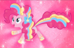 Size: 1385x904 | Tagged: safe, screencap, pinkie pie, pony, g4, twilight's kingdom, cropped, female, floating, glowing, laughing, open mouth, rainbow power, smiling, solo