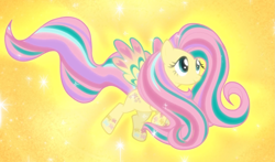 Size: 1445x850 | Tagged: safe, screencap, fluttershy, pony, g4, twilight's kingdom, cropped, female, floating, glowing, kindness, rainbow power, smiling, solo