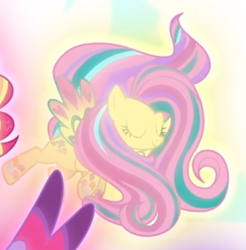 Size: 498x506 | Tagged: safe, screencap, fluttershy, pony, g4, twilight's kingdom, cropped, eyes closed, female, floating, glowing, rainbow power, smiling, solo