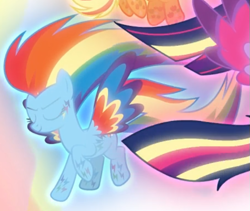 Size: 589x497 | Tagged: safe, screencap, rainbow dash, pony, g4, twilight's kingdom, colored wings, cropped, eyes closed, female, floating, glowing, multicolored wings, rainbow power, rainbow wings, smiling, solo, wings