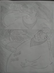Size: 1024x1366 | Tagged: safe, artist:princebluemoon3, cosmos, draconequus, comic:the chaos within us, bandana, belly, black and white, bloated, canterlot, chaos, chubby cheeks, comic, commissioner:bigonionbean, dialogue, dream, embarrassed, extra thicc, fat, female, finger snap, floating, grayscale, magic, monochrome, night, nightmare, obese, out of control magic, smiling, squishy, stomach, talking to herself, traditional art, writer:bigonionbean