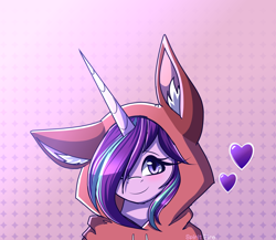 Size: 2300x2000 | Tagged: safe, artist:celes-969, starlight glimmer, fox, pony, unicorn, g4, abstract background, alternate hairstyle, blushing, clothes, costume, cute, ear fluff, female, floating heart, glimmerbetes, hair over one eye, heart, high res, hoodie, kigurumi, mare, simple background, solo