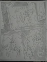 Size: 1024x1366 | Tagged: safe, artist:princebluemoon3, oc, oc:glimmering scones, pony, unicorn, comic:the chaos within us, bandana, black and white, burning, canterlot, chaos, clothes, comic, commissioner:bigonionbean, dialogue, door, door slam, doorway, dream, female, fire, fusion, fusion:moondancer, fusion:saffron masala, fusion:sweet biscuit, galloping, glasses, grayscale, inferno, mare, misspelling, monochrome, night, nightmare, out of control magic, panicking, sigh, talking to herself, traditional art, writer:bigonionbean