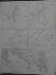 Size: 1024x1366 | Tagged: safe, artist:princebluemoon3, cosmos, draconequus, comic:the chaos within us, g4, black and white, burning, canterlot, chaos, comic, commissioner:bigonionbean, deflation, dialogue, digestion, dream, female, fire, fire breath, grayscale, inferno, instant digestion, monochrome, night, nightmare, out of control magic, sigh, talking to herself, traditional art, weight loss, writer:bigonionbean