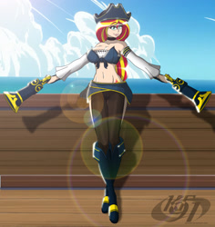 Size: 1250x1322 | Tagged: safe, artist:tyron91, sunset shimmer, human, equestria girls, g4, boots, clothes, cloud, crossover, gun, human coloration, league of legends, miss fortune, ocean, outfit, pirate, sexy, ship, shoes, skirt, solo, water, weapon