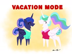 Size: 1280x960 | Tagged: safe, artist:allisonpopick, princess celestia, princess luna, alicorn, pony, between dark and dawn, g4, clothes, pointy ponies, ponytail, shirt, vacation, vacation mode