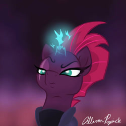 Size: 1000x1000 | Tagged: safe, artist:allisonpopick, tempest shadow, pony, g4, broken horn, female, horn, raised eyebrow, simple background, solo