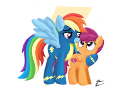 Size: 2048x1536 | Tagged: safe, artist:allisonpopick, rainbow dash, scootaloo, pegasus, pony, g4, clothes, cute, cutealoo, dashabetes, female, filly, foal, folded wings, honorary sister, hug, looking at each other, looking at someone, mare, scootalove, siblings, signature, simple background, sisters, smiling, smiling at each other, spread wings, the cmc's cutie marks, uniform, white background, wings, wonderbolts uniform