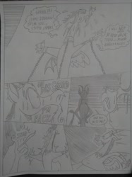 Size: 1024x1366 | Tagged: safe, artist:princebluemoon3, cosmos, discord, draconequus, comic:the chaos within us, g4, black and white, canterlot, castle, chaos, comic, commissioner:bigonionbean, dialogue, dream, female, finger snap, grayscale, magic, male, monochrome, night, nightmare, rubble, ruins, speech bubble, sweat, sweating profusely, traditional art, writer:bigonionbean