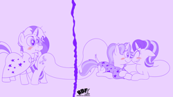Size: 3840x2160 | Tagged: safe, artist:rupert, gameloft, starlight glimmer, sunburst, trixie, pony, unicorn, g4, :i, alternate hairstyle, babysitter trixie, blushing, clothes, crossing the memes, cute, diatrixes, eyes on the prize, female, glimmerbetes, high res, hoodie, lesbian, lesbian in front of boys, long glimmer, long pony, male, mare, meme, monochrome, prone, purple, ship:startrix, shipping, simple background, sitting, stallion