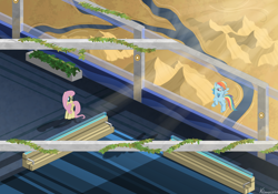 Size: 6000x4200 | Tagged: safe, artist:klonex1050art, fluttershy, rainbow dash, pegasus, pony, g4, absurd resolution, building, desert, duo, river, rooftop