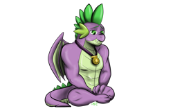 Size: 1280x820 | Tagged: safe, artist:emmaneiac, spike, dragon, g4, the last problem, male, medal, older, older spike, simple background, sitting, solo, transparent background, winged spike, wings