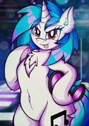 Size: 1454x2048 | Tagged: safe, artist:canvymamamoo, dj pon-3, vinyl scratch, pony, unicorn, semi-anthro, g4, :p, arm hooves, belly button, bipedal, blushing, chest fluff, cute, ear fluff, female, looking at you, mare, raised hoof, smiling, solo, sunglasses, tongue out, underhoof, vinylbetes, wide hips