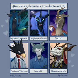 Size: 3150x3150 | Tagged: safe, artist:chrystal_company, discord, nightmare moon, queen chrysalis, alicorn, bird, changeling, changeling queen, draconequus, pony, wolf, anthro, g4, ancient magus bride, anthro with ponies, beastars, bust, clothes, crescent moon, crossover, elias ainsworth, ethereal mane, fangs, female, fumikage tokoyami, helmet, high res, legosi (beastars), male, mare, moon, my hero academia, necktie, open mouth, peytral, six fanarts, starry mane, the ancient magus' bride