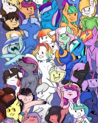Size: 750x937 | Tagged: safe, artist:chrystal_company, princess cadance, princess celestia, princess luna, twilight sparkle, oc, oc:nightmare chrystal, alicorn, earth pony, pegasus, unicorn, anthro, g4, :d, :p, alicorn tetrarchy, clothes, colored hooves, d:, earth pony oc, ethereal mane, horn, jewelry, necklace, one eye closed, open mouth, pegasus oc, smiling, starry mane, tongue out, twilight sparkle (alicorn), unicorn oc, wings, wink