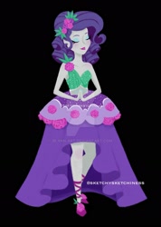 Size: 1280x1793 | Tagged: safe, artist:rlynn-art, artist:sketchysketchiness, rarity, equestria girls, g4, my little pony equestria girls: legend of everfree, black background, clothes, crystal gala dress, deviantart watermark, dress, eyes closed, female, flower, flower in hair, hands together, obtrusive watermark, signature, simple background, sleeveless, smiling, solo, watermark