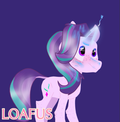 Size: 545x553 | Tagged: safe, artist:loafus, starlight glimmer, pony, unicorn, g4, cute, female, freckles, glimglam, glimmerbetes, glowing, glowing horn, horn, magic, mare, purple background, simple background, smiling, solo, sparkles, watermark
