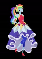 Size: 1280x1793 | Tagged: safe, artist:rlynn-art, artist:sketchysketchiness, rainbow dash, equestria girls, g4, my little pony equestria girls: legend of everfree, black background, clothes, crystal gala dress, cute, deviantart watermark, dress, eyes closed, female, obtrusive watermark, signature, simple background, sleeveless, smiling, solo, watermark