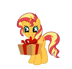 Size: 6400x6178 | Tagged: safe, artist:emeraldblast63, sunset shimmer, pony, unicorn, g4, female, looking at you, mare, mouth hold, present, simple background, smiling, solo, transparent background