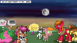 Size: 1920x1080 | Tagged: safe, artist:hellpony, angel bunny, big macintosh, braeburn, scootaloo, sweetie belle, twilight sparkle, oc, earth pony, pegasus, pony, unicorn, g4, atg 2020, biting, mare in the moon, moon, newbie artist training grounds, personal space invasion, sun, thought bubble